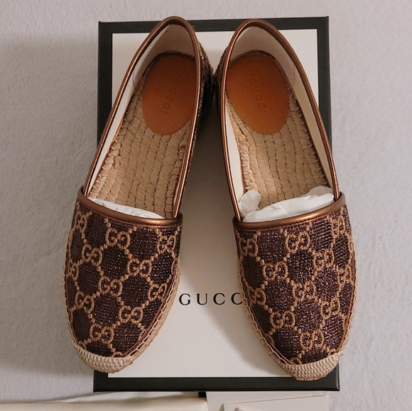Authentic Gucci Women GG Lamé Espadrille Shoes In Brown - Picture 2 of 13